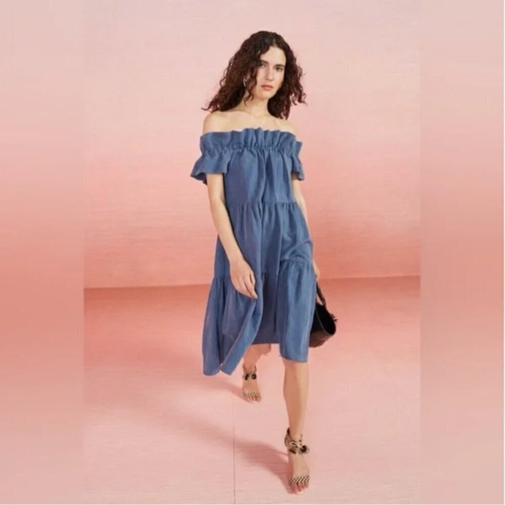 Ulla Johnson Olivia Off Shoulder Linen Chambray Midi Dress